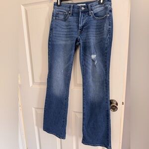 Lucky Brand Women's Dark Blue Flare Jeans with Subtle Distress